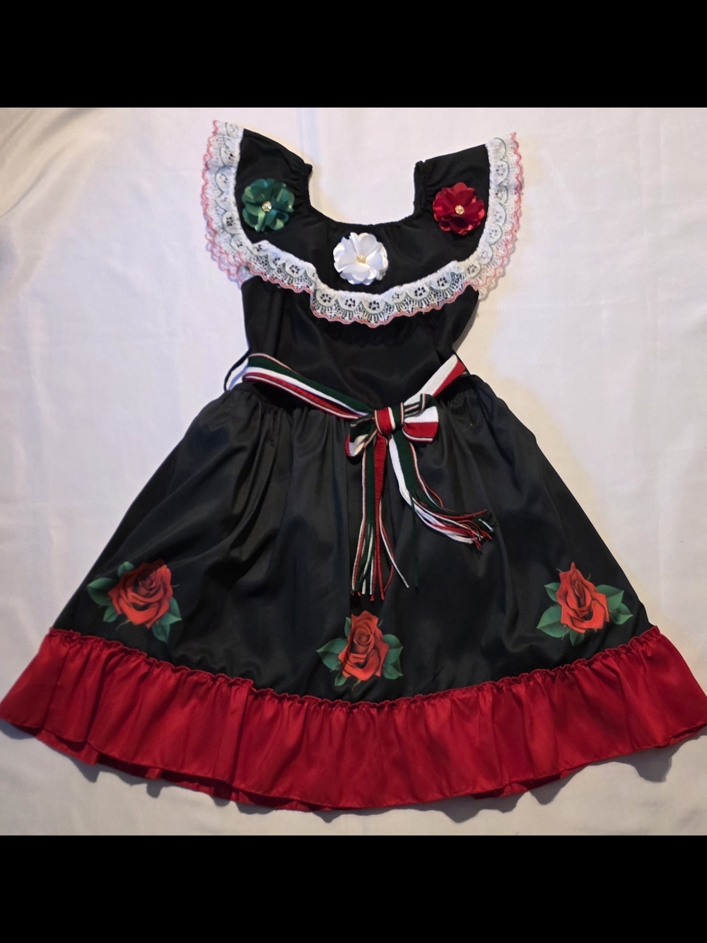 Girls Black Mexican Folkloric Dress with Red Trim and Floral Accents